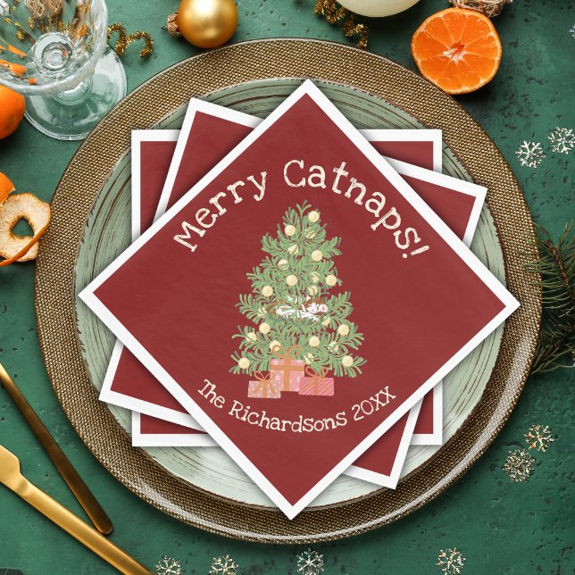 Serviette En Papier Chat drôle sur Chistmas Tree Joyeux Catnaps! Red (Créateur téléchargé)
