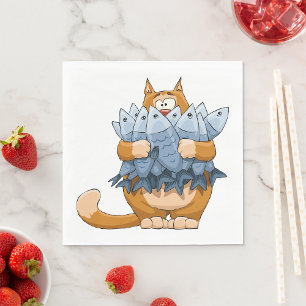 Serviette En Papier Chat Drôle Tenant un Poisson Dessin Animé Kitty Af