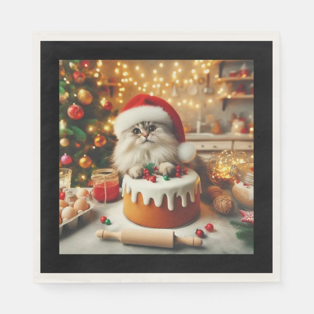 Serviette En Papier Chat duveteux préparant le gâteau de Noël  (Devant)