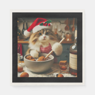 Serviette En Papier Chat duveteux préparant un pudding de Noël alcooli