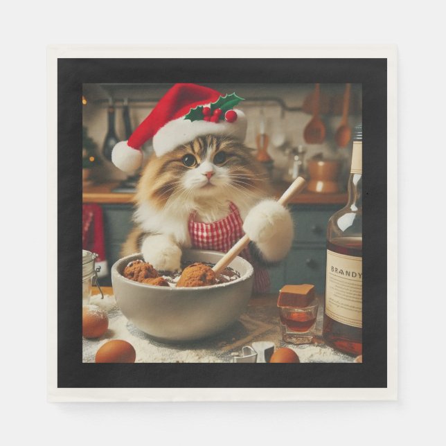 Serviette En Papier Chat duveteux préparant un pudding de Noël alcooli (Devant)