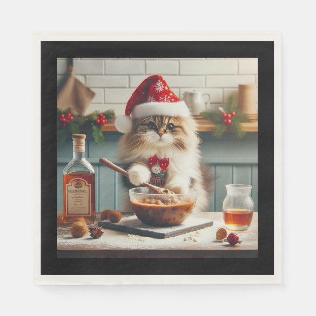 Serviette En Papier Chat duveteux préparant un pudding de Noël alcooli (Devant)
