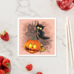 Serviette En Papier Chat effrayé par Citrouille Fun Halloween caractèr