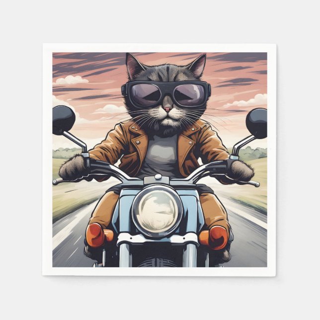 Serviette En Papier Chat en moto (Devant)