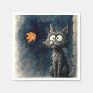 Serviette En Papier Chat en ruelle noire avec feuille d'automne