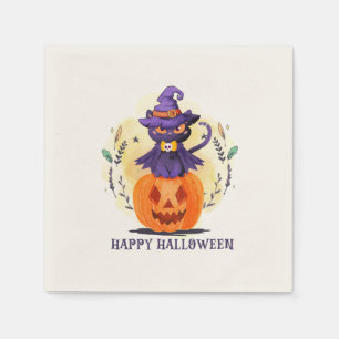 Serviette En Papier Chat en sorcière violette sur Citrouille - Hallowe
