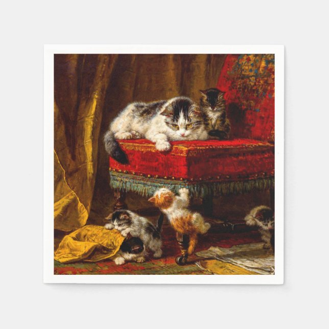 Serviette En Papier Chat et chatons Jouer avec chaise (Devant)