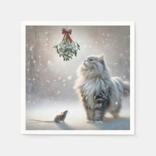 Serviette En Papier Chat et souris sous Mistletoe