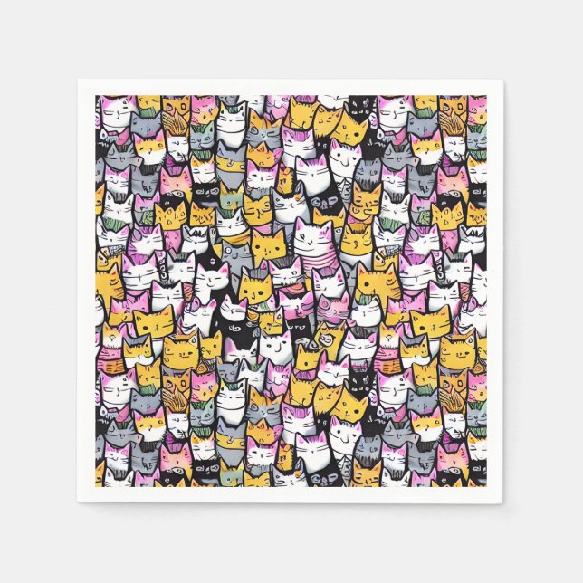 Serviette En Papier Chat face doodprint collage kitties féline animaux (Devant)