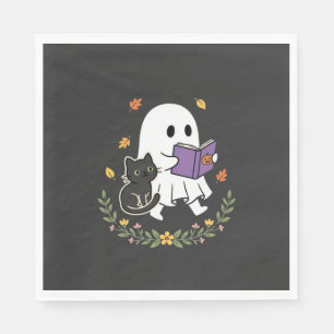 Serviette En Papier Chat fantôme d'Halloween lisant un livre floral De