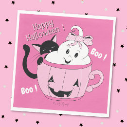 Serviette En Papier Chat Fantôme éffrayant Pink Halloween Papier Napki
