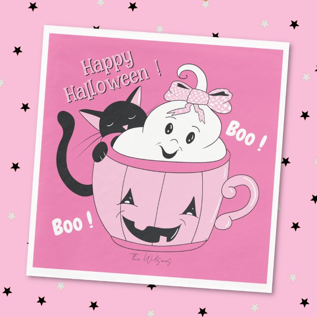 Serviette En Papier Chat Fantôme éffrayant Pink Halloween Papier Napki (Spooky cute ghost and black cat buddies pink Halloween paper napkin . )