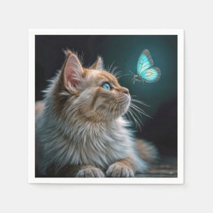 Serviette En Papier Chat Fluffy Avec un Papillon Néon Lumineux