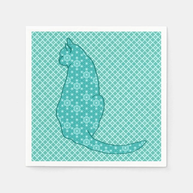 Serviette En Papier Chat japonais - Kimono turquoise (Devant)