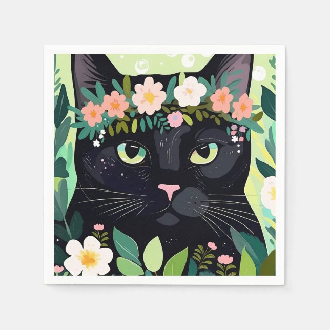 Serviette En Papier Chat noir avec couronne florale (Devant)