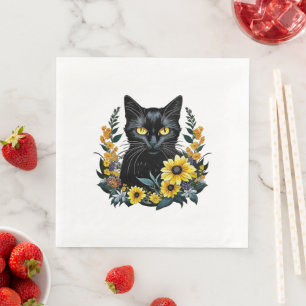 Serviette En Papier chat noir avec des fleurs