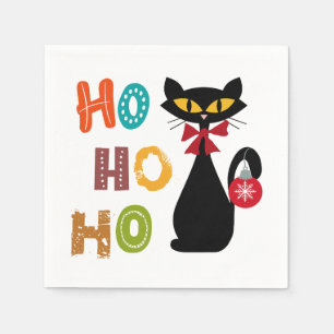 Serviette En Papier Chat noir avec design de texte Ho Ho Ho