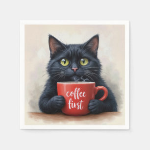 Serviette En Papier Chat Noir Avec Mug De Café Rouge