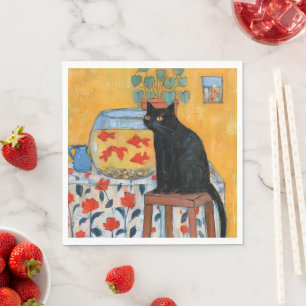 Serviette En Papier Chat noir curieux regardant un aquarium