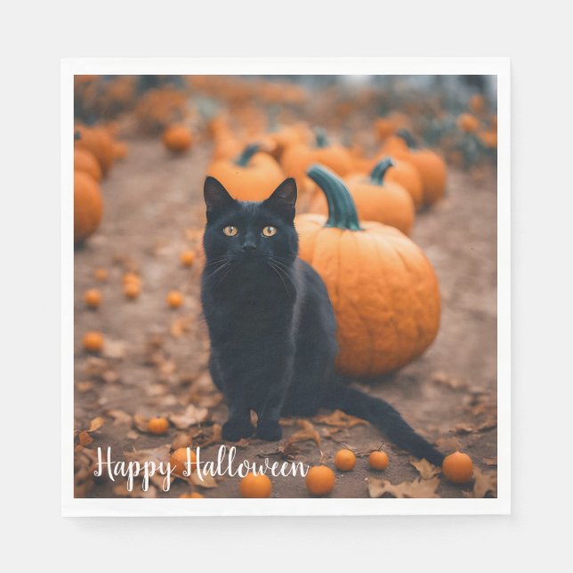 Serviette En Papier Chat noir dans un champ de citrouilles (Devant)