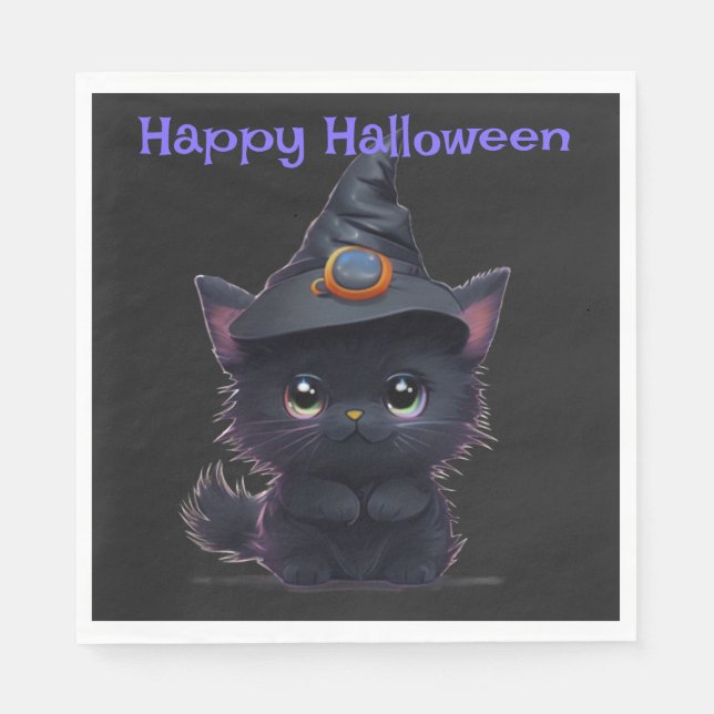 Serviette En Papier Chat noir d'Halloween blanc mignon (Devant)