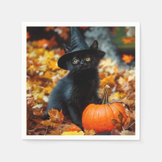 Serviette En Papier Chat noir d'Halloween et Citrouille (Devant)