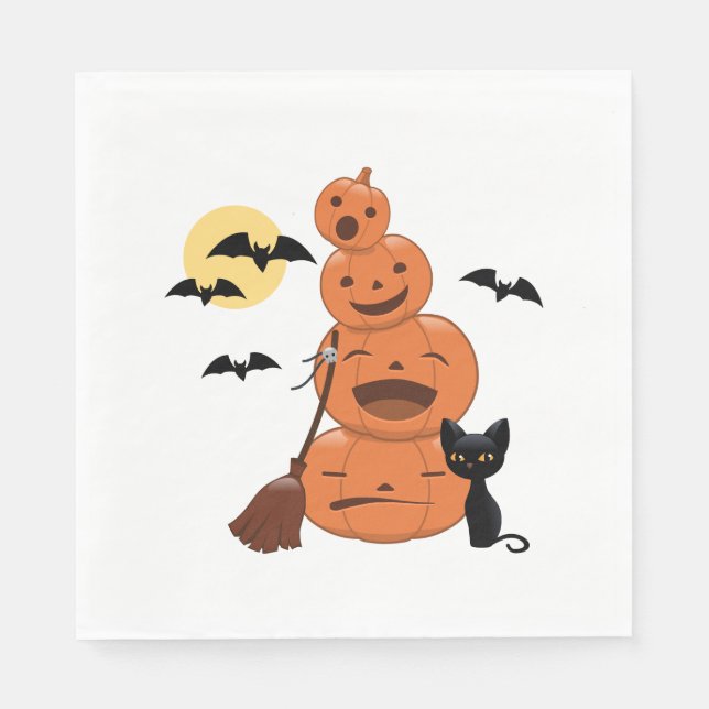 Serviette En Papier Chat noir d'Halloween et Citrouilles en blanc (Devant)