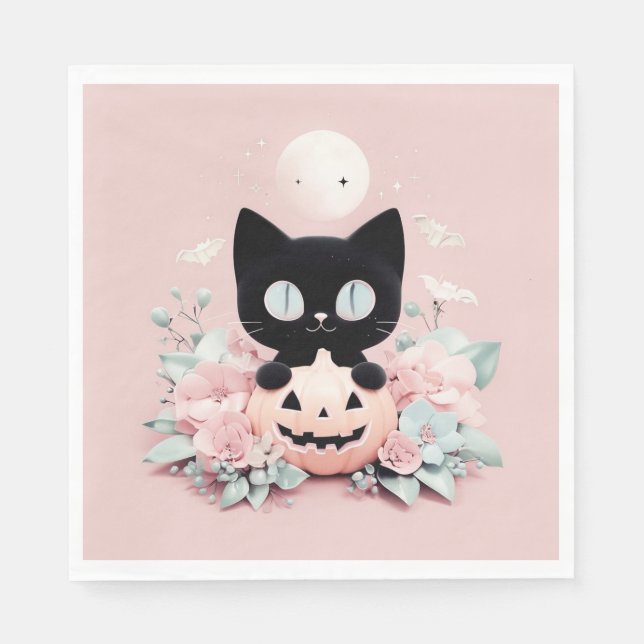 Serviette En Papier Chat noir d'Halloween, Lune et Citrouille (Devant)