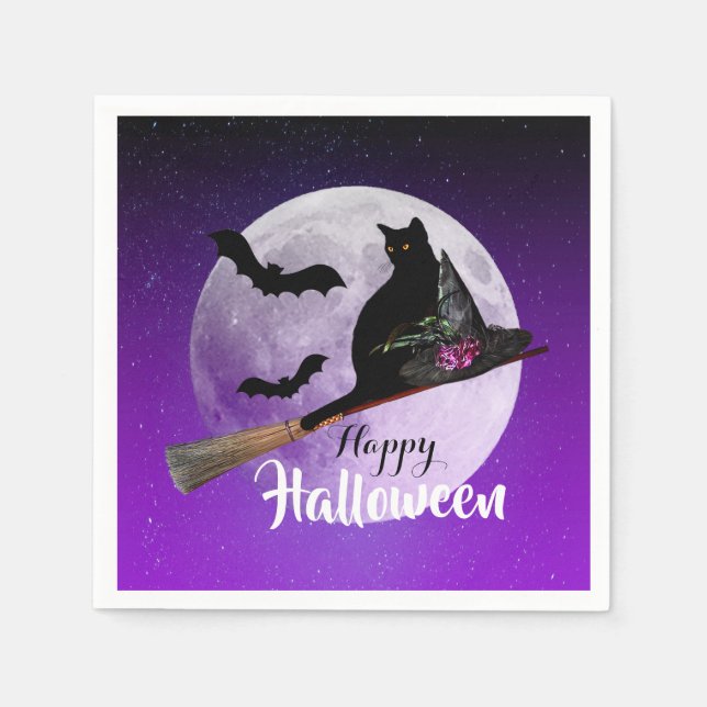 Serviette En Papier Chat noir d'Halloween sur la Pleine lune de chambr (Devant)