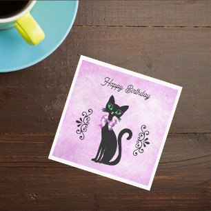 Serviette En Papier Chat noir élégant des années 50 avec noeud rose