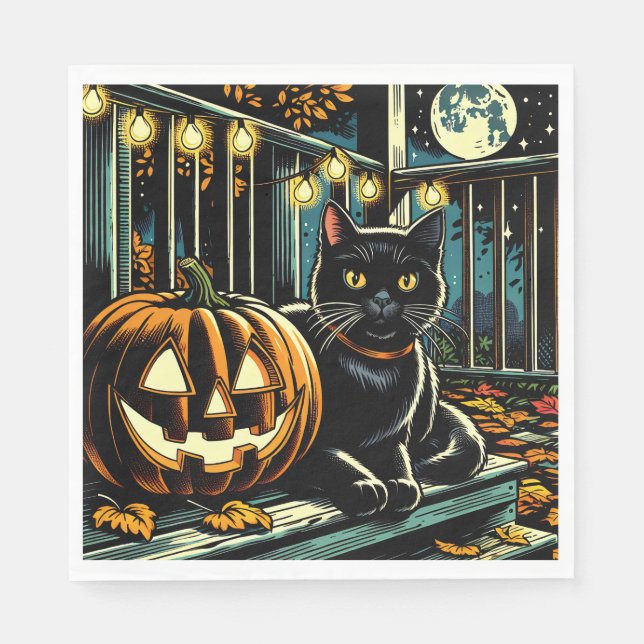 Serviette En Papier Chat noir et Halloween Jack-O-Lanterne (Devant)