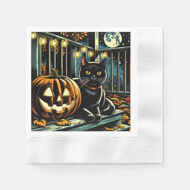 Serviette En Papier Chat noir et Halloween Jack-O-Lanterne (Devant)