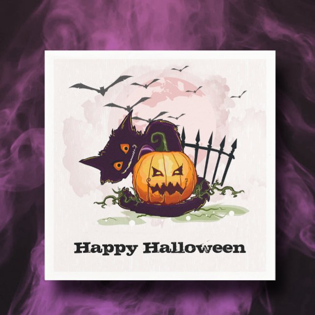 Serviette En Papier Chat noir et Jack o' Lantern Halloween (Black Cat and Jack o' Lantern Happy Halloween Napkins)