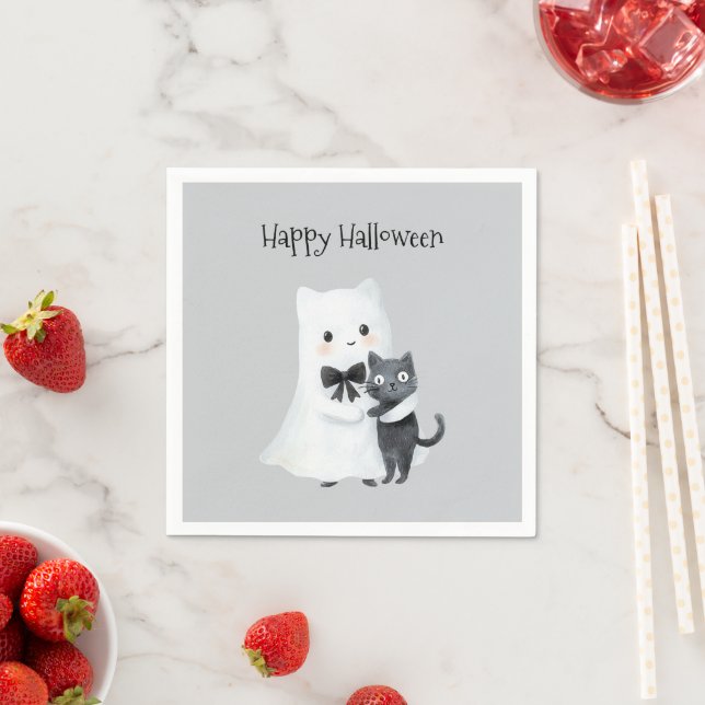 Serviette En Papier Chat noir fantôme mignon Halloween (En situation)