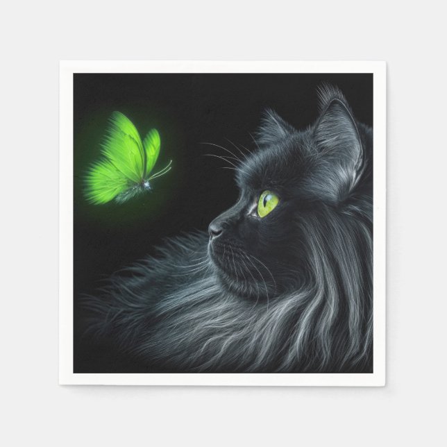 Serviette En Papier Chat noir fixant un papillon vert luminescent (Devant)