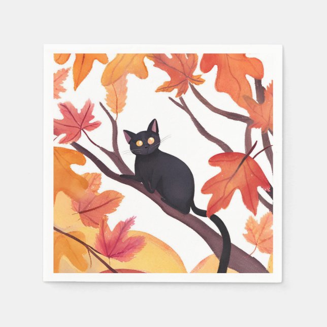 Serviette En Papier Chat Noir Halloween Automne (Devant)