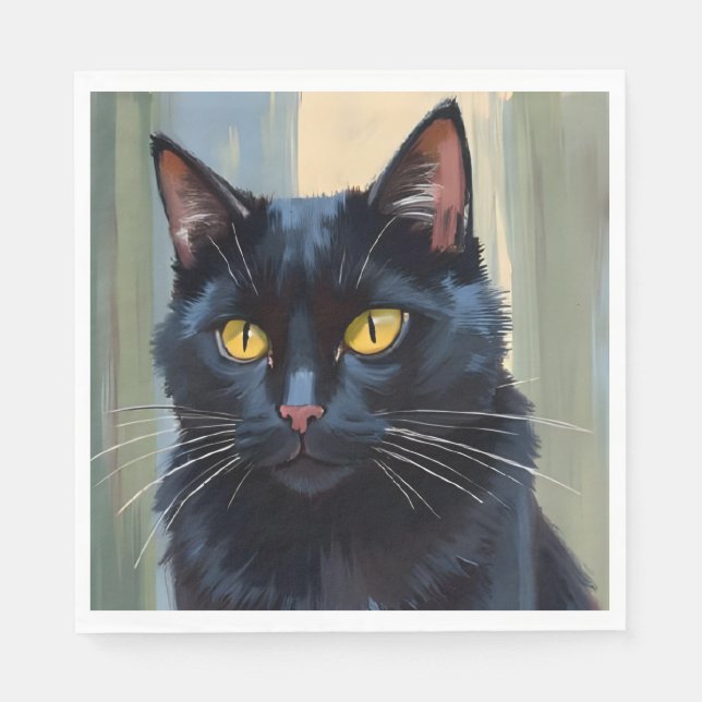 Serviette En Papier Chat Noir | Joli Chaton Aquarelle (Devant)