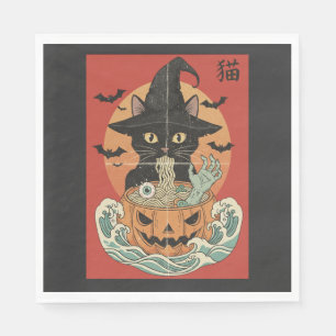 Serviette En Papier Chat noir mange du ramen japonais pour Halloween
