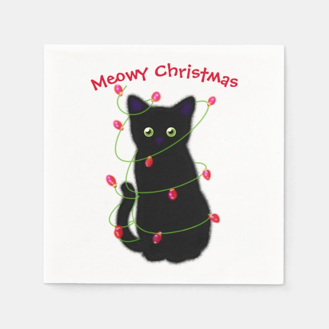 Serviette En Papier chat noir | Meowy Christmas | lumières scintillant (Devant)