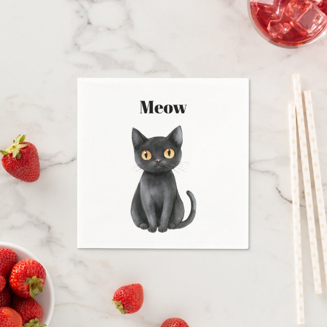 Serviette En Papier Chat Noir Miaou   (En situation)