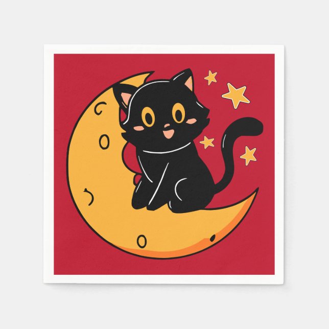 Serviette En Papier Chat noir mignon assis sur la lune (Devant)