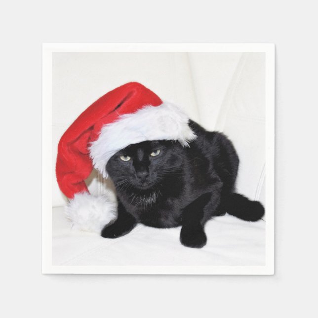 Serviette En Papier Chat noir mignon avec chapeau de Santa (Devant)