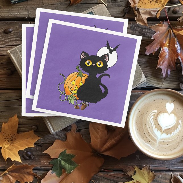 Serviette En Papier Chat noir mignon violet effrayant Halloween Citrou (Créateur téléchargé)