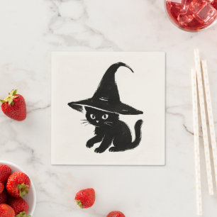 Serviette En Papier Chat noir minimaliste avec un design de chapeau de