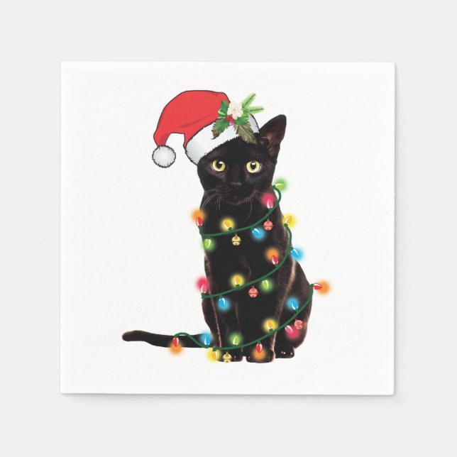Serviette En Papier Chat Noir Père Noël Tangée Dans Les Lumières De No (Devant)