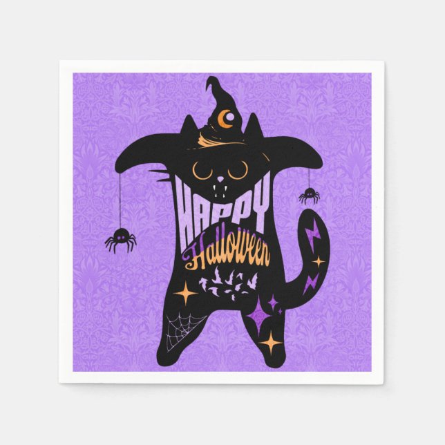 Serviette En Papier Chat noir rétro drôle Halloween  (Devant)