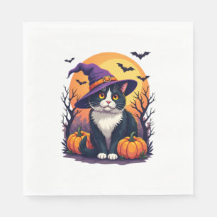 Serviette En Papier Chat Noir Rétro Halloween Costume Citrouille Pour
