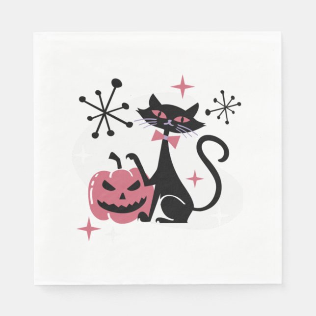 Serviette En Papier Chat noir rétro mi-siècle d'Halloween (Devant)