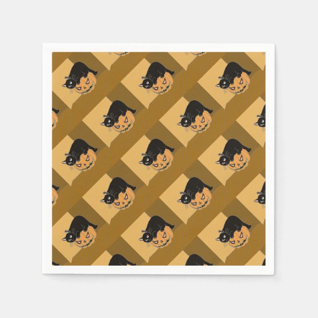 Serviette En Papier Chat noir sur un Citrouille (Devant)