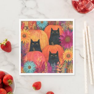 Serviette En Papier Chat noir vigilant Patch de citrouille d'automne
